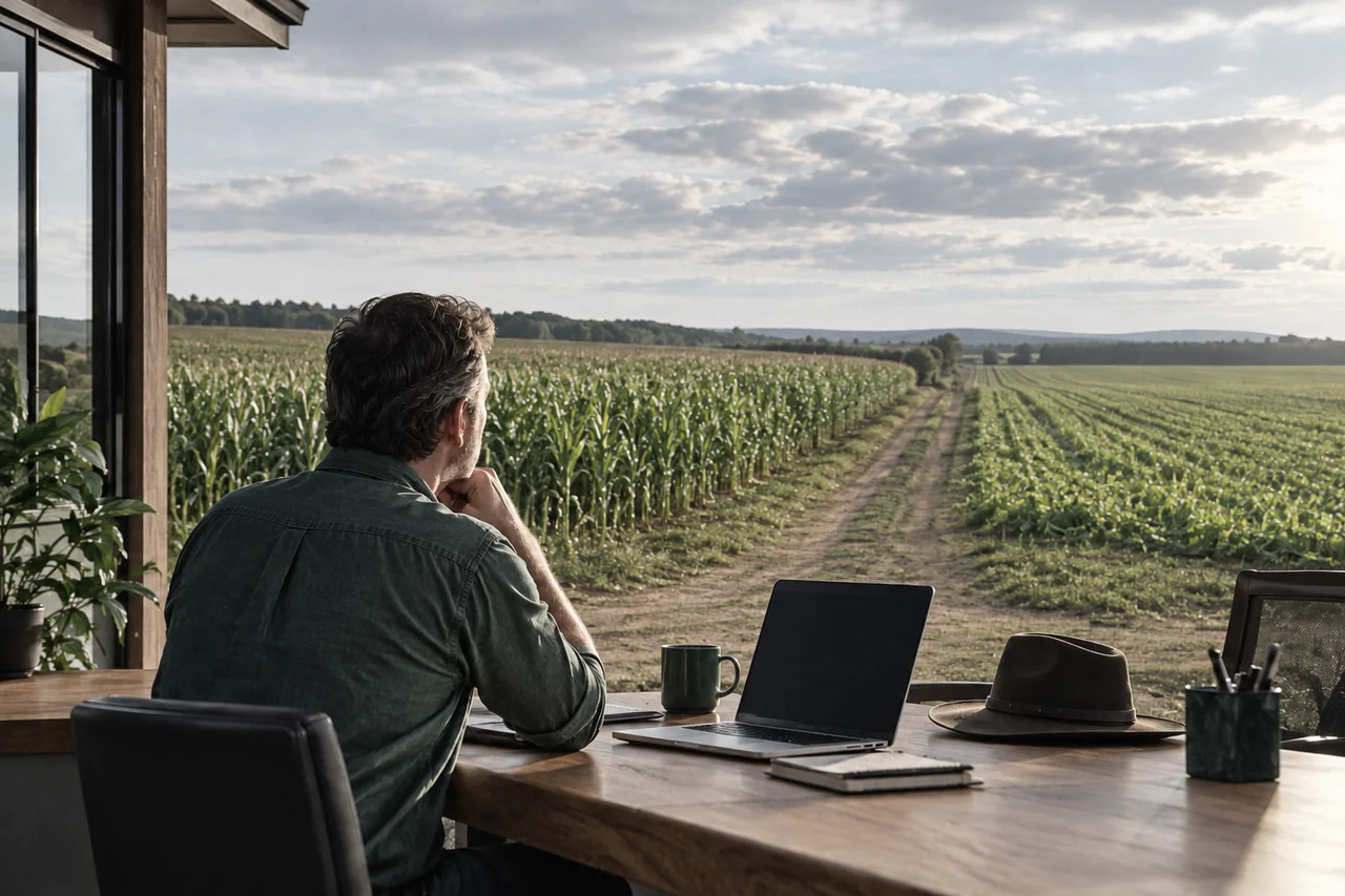 Empresário rural em um escritório diante de campos produtivos.