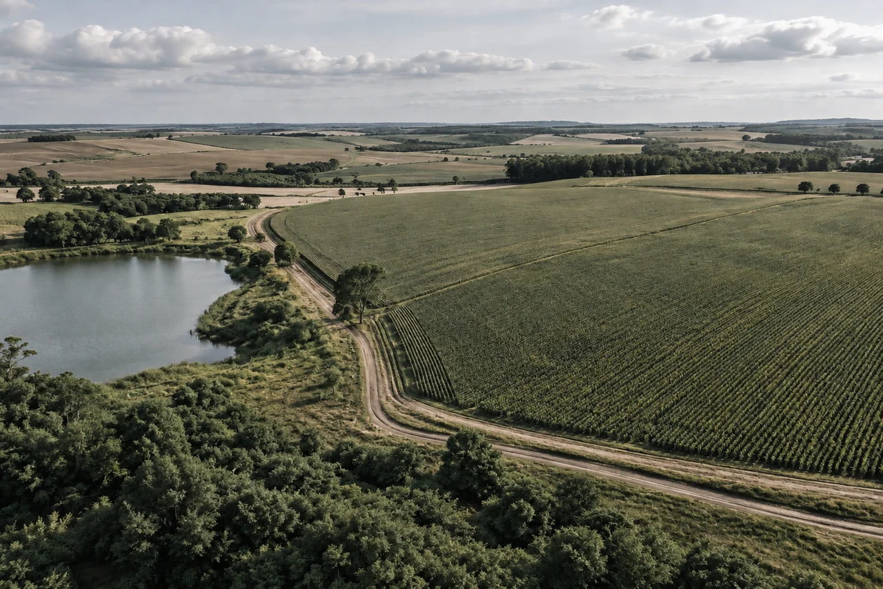 Vista aérea de terras agrícolas com água e vias de acesso.