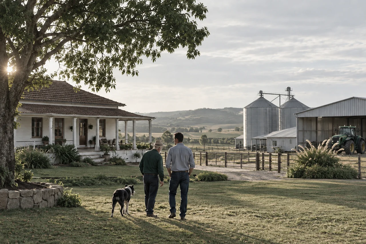Casa rural tradicional ao lado de instalações mais recentes.