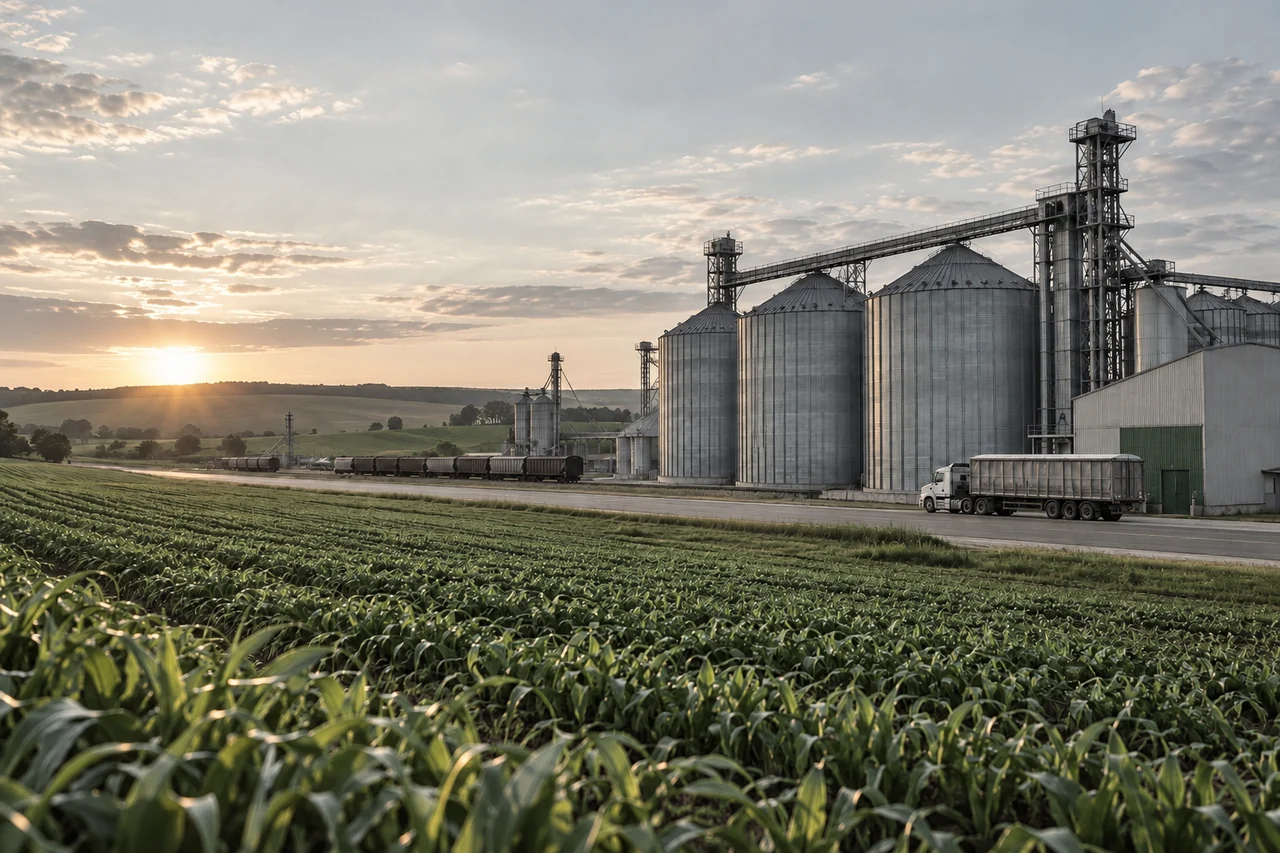 Silos e campos cultivados junto à infraestrutura logística.
