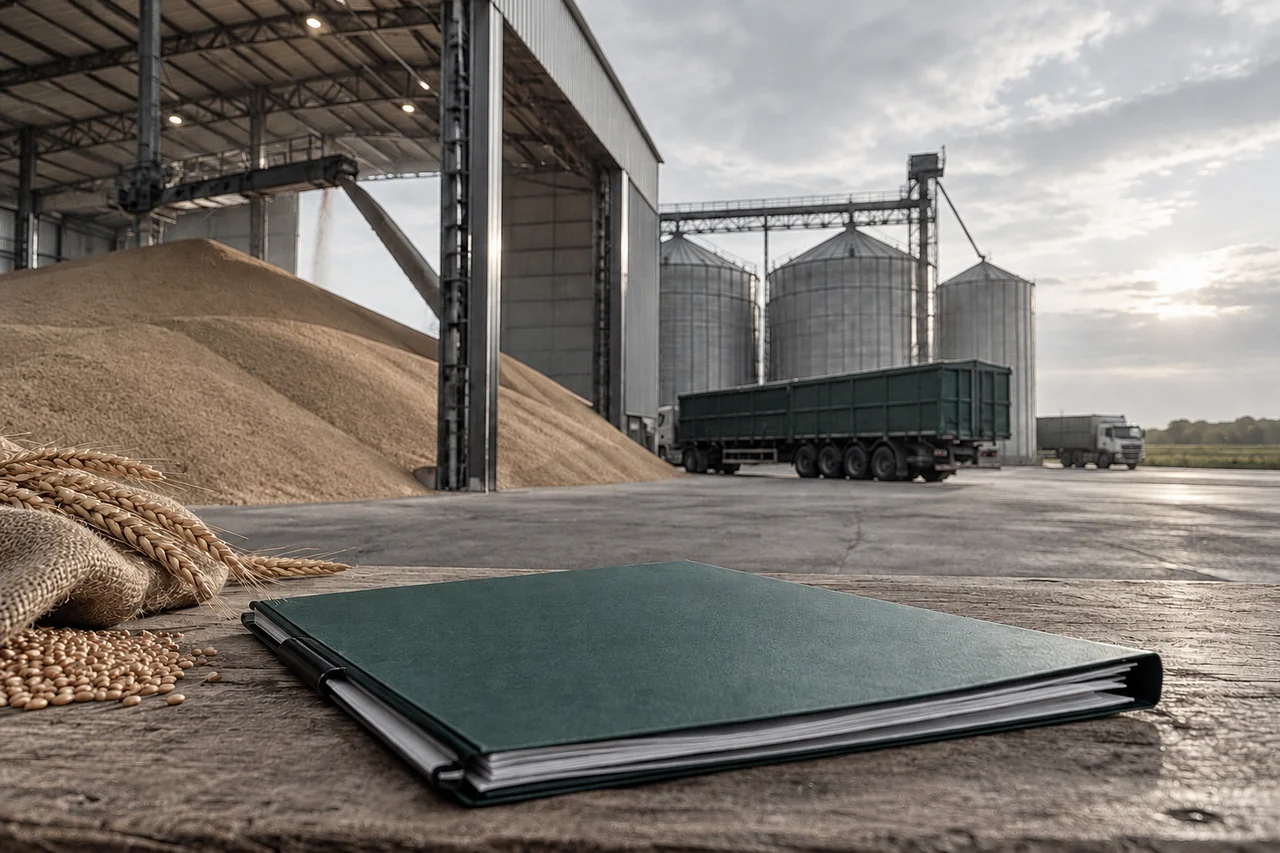Pasta sobre uma superfície diante de instalações de armazenamento agrícola.