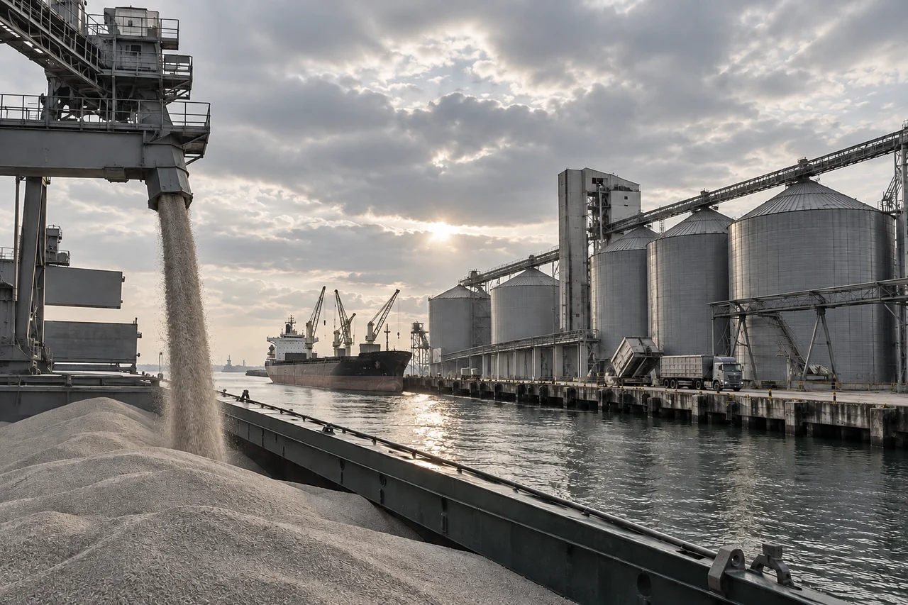 Porto de exportação com silos sob um céu variável.