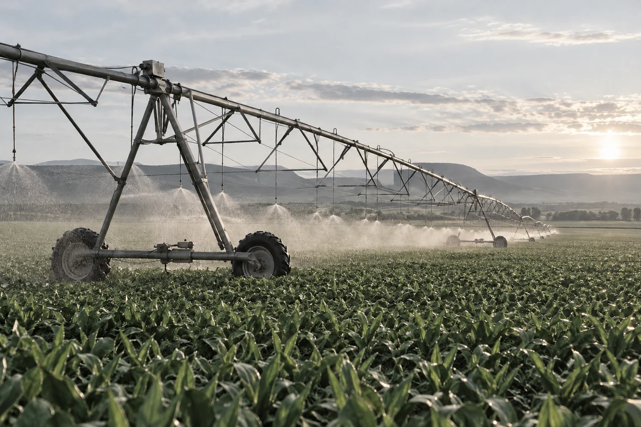 Sistema de irrigação atravessando uma plantação.