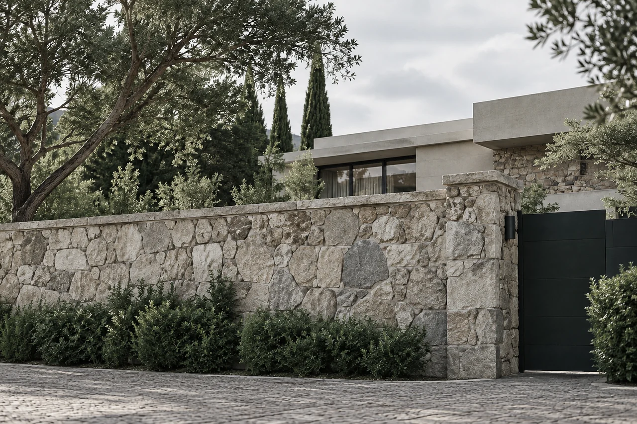 Muro de pedra protegendo o jardim de uma residência.