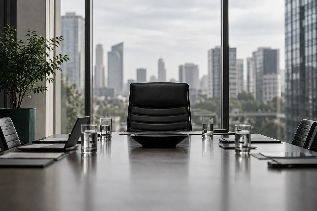 Cadeira vazia em uma sala de reunião corporativa.