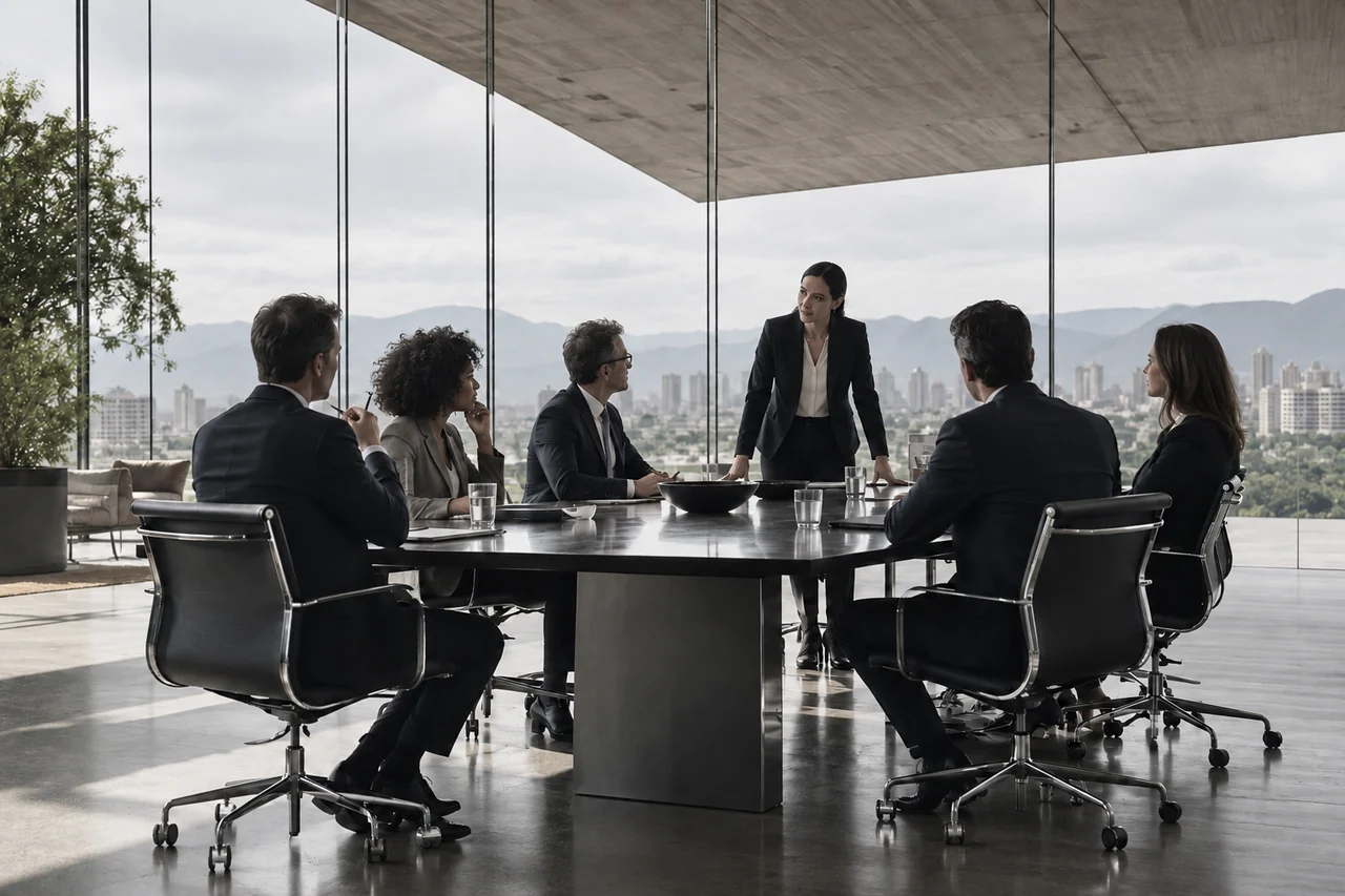 Sala de reunião com paredes de vidro e cobertura ampla.