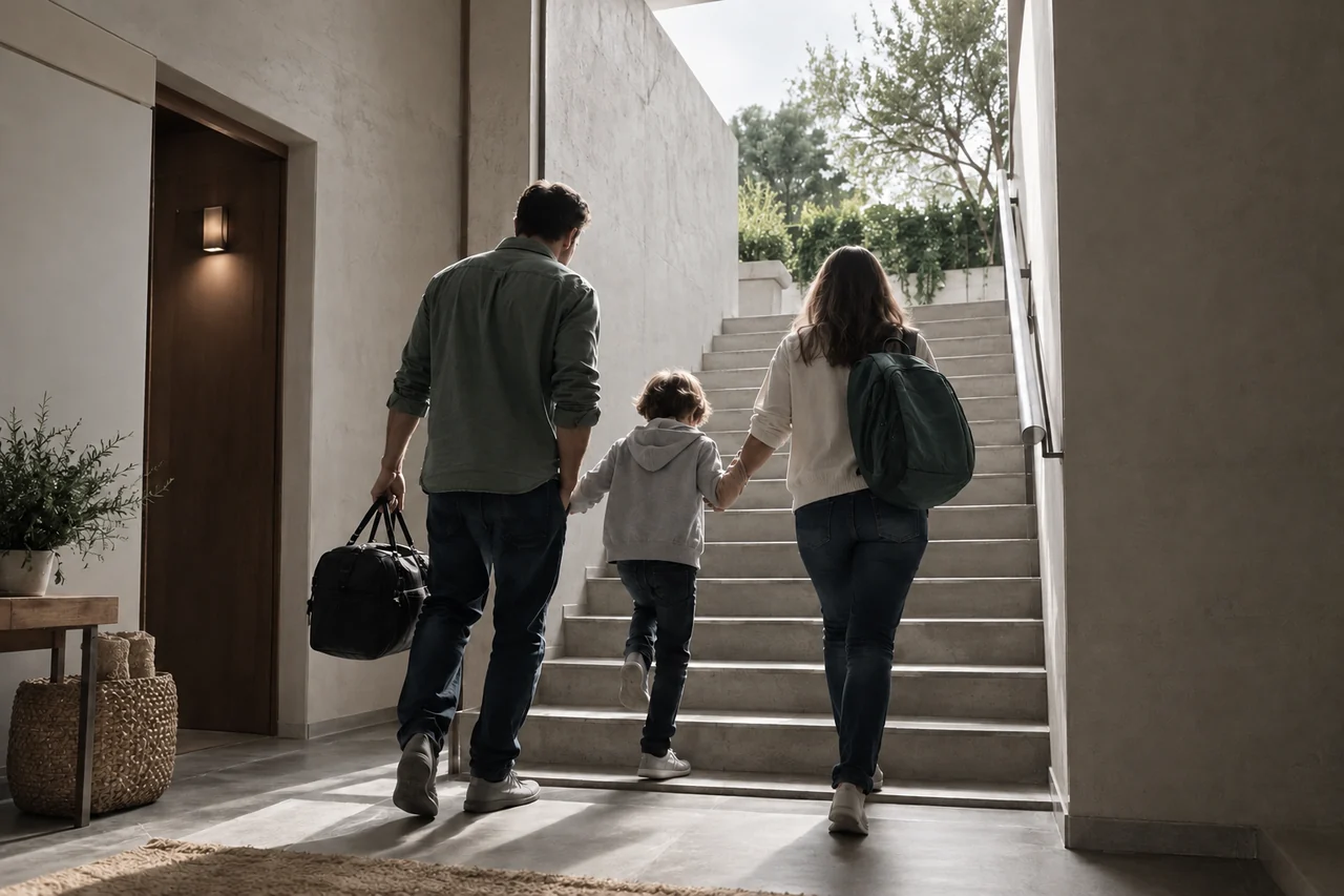 Caminho seguro entre um ambiente residencial e um pátio iluminado.