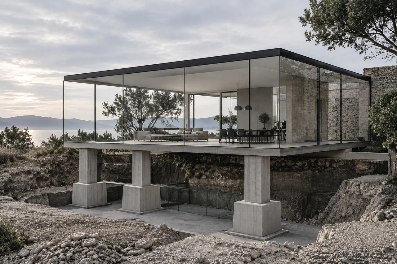 Arquitetura transparente com suas estruturas de sustentação visíveis.
