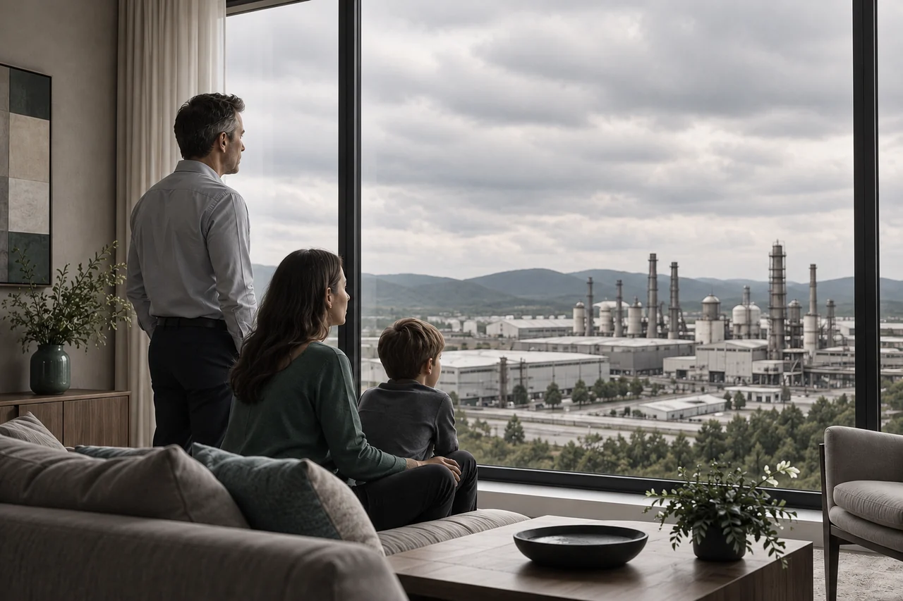 Família observando instalações empresariais sob um céu carregado.