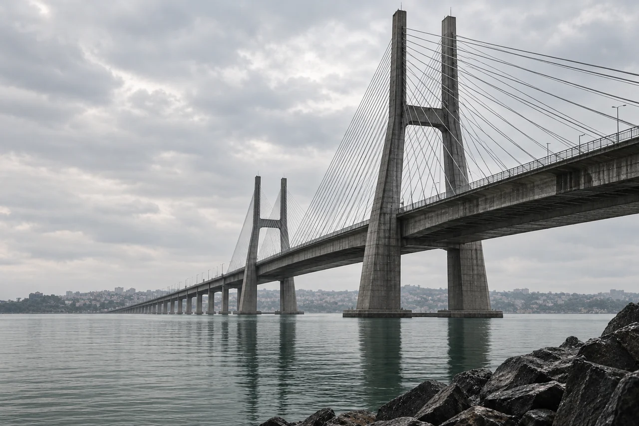Ponte sólida sobre águas tranquilas em luz natural.